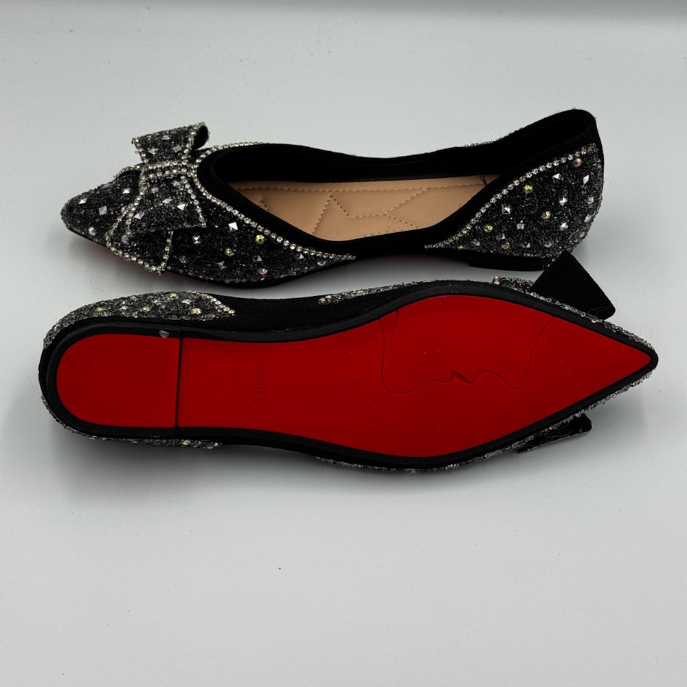Black Rhinestone Bow Flats – Women’s Size 9, Elegant Sparkle Shoes - Picture 2 of 5
